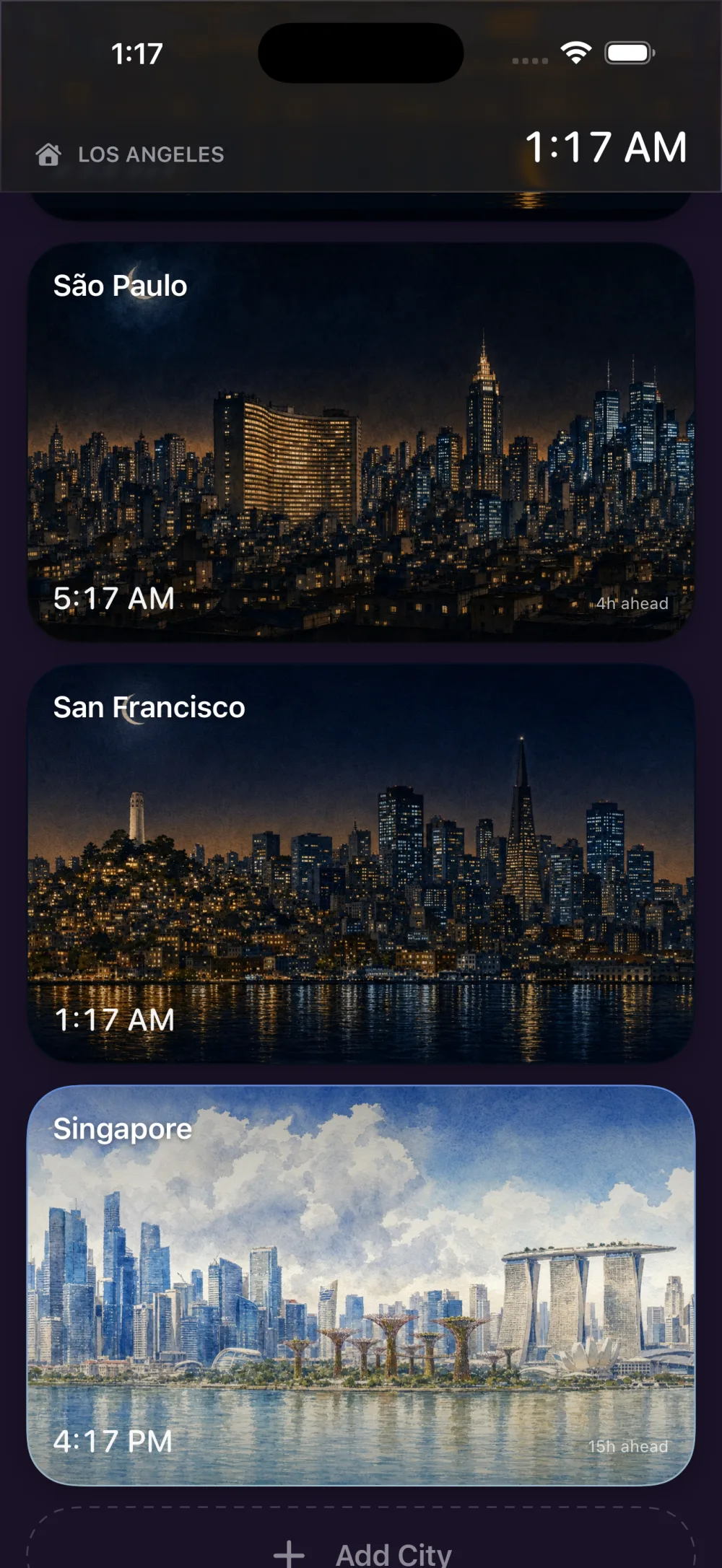 Elsewhere home screen: São Paulo and San Francisco at night, Singapore by day