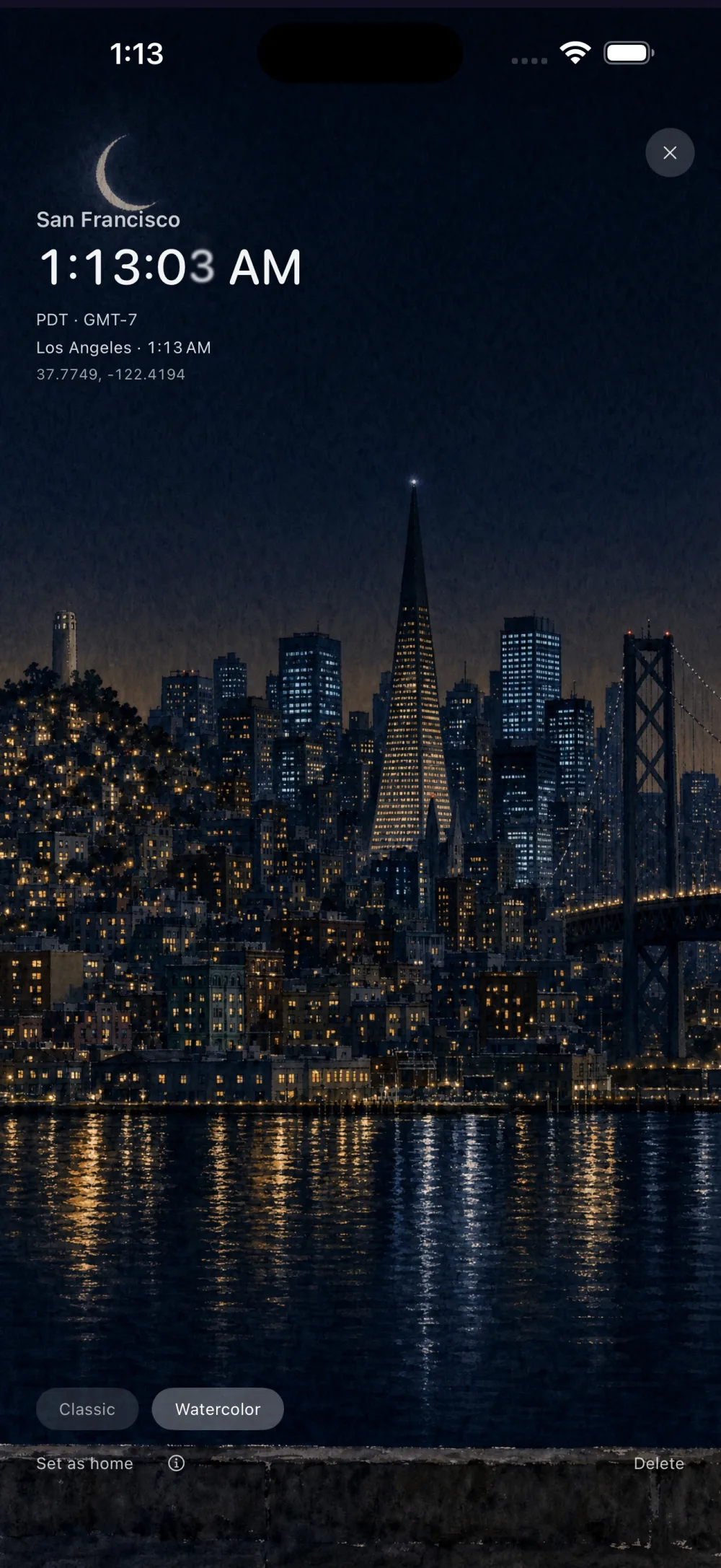 San Francisco skyline at night reflected in the bay